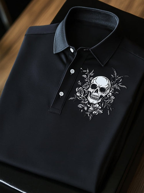 Men's Business Casual Skull Print Button Short Sleeve Polo Shirt