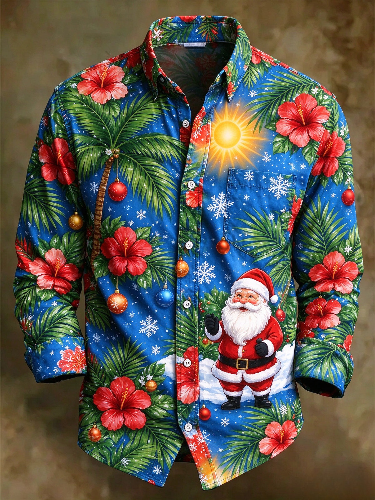 Men's Hawaiian Tropical Christmas Santa Palm Tree Long Sleeve Button Up Holiday Shirt