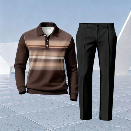 Men's Two-Piece Set: Gradient-Striped Polo Shirt and Pants