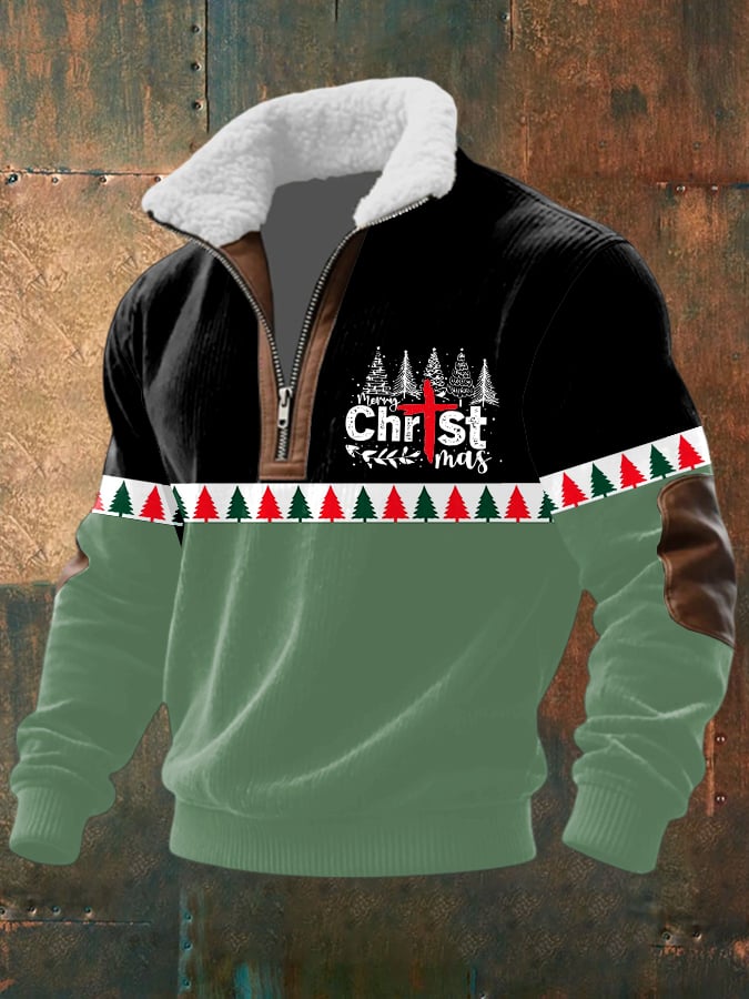 Men's Christmas Print Half Zip Lapel Sweatshirt