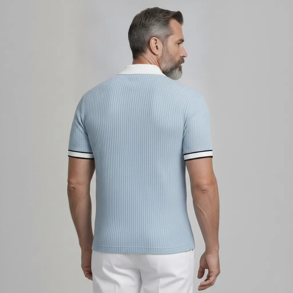 Men's Cool Blue Ribbed Knit Patch Pocket Contrast Binding Short Sleeve Shirt