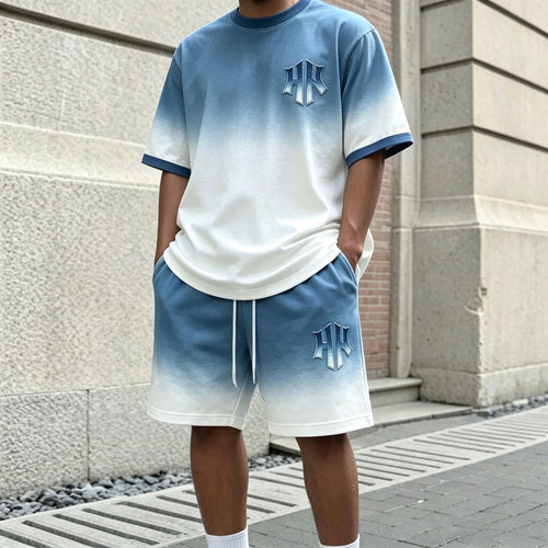 Men's Casual Gradient-Print Round-Neck Short-Sleeve T-Shirt and Shorts Two-Piece Set