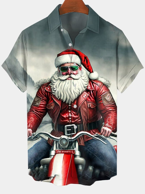 Men's Fashion Casual Santa Print Short Sleeve Shirt