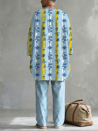 Summer Vacation Palm Tree And Vertical Stripe Decorative Pattern Long Sleeve Cotton Linen Top And Pants Two Piece Set