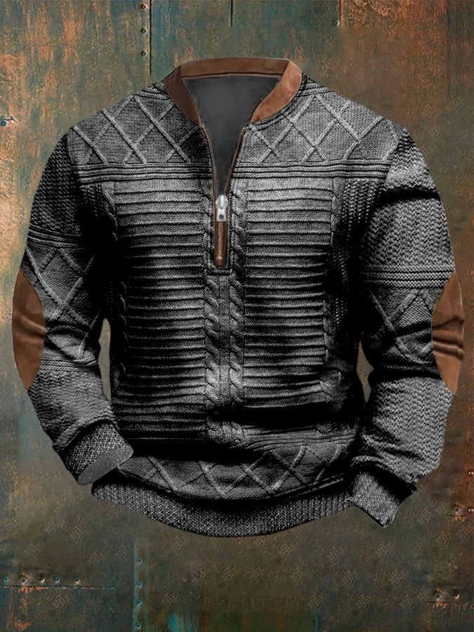 Men's Vintage Knitted Jacquard Design Printed Zipper Collar Sweatshirt