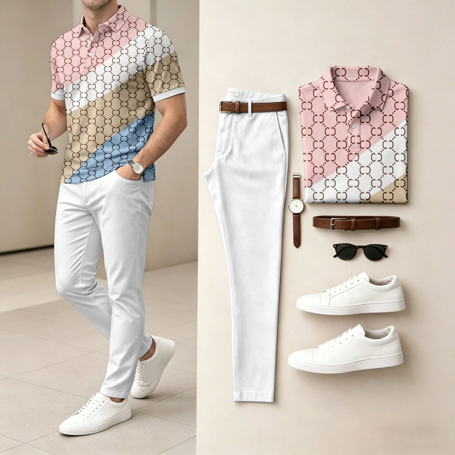 Men's Casual Striped Contrasting Printed Polo Shirt And Pants Two-Piece Set