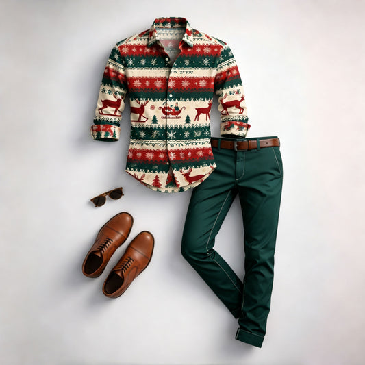 Men's Christmas-themed Long-Sleeve Shirt and Pants Set