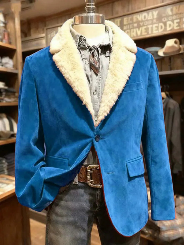 Men's Christmas Solid Color Fur Collar Printed Blazer