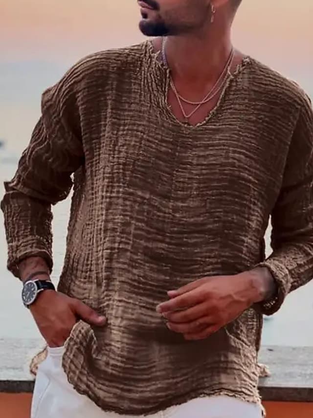 Men's Linen Shirt Summer Shirt Beach Wear Casual Shirt Plain Vacation Curise White Blue Brown Khaki Long-Sleeve V Neck Spring & Summer Clothing Apparel