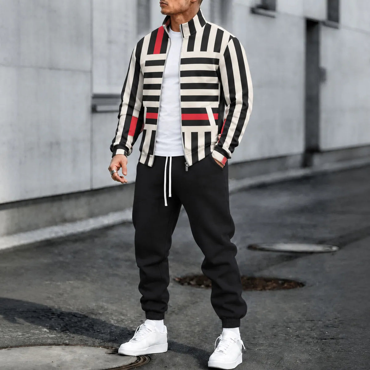 Men's Striped Stand-Collar Jacket and Pants Set