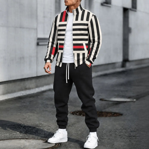 Men's Striped Stand-Collar Jacket and Pants Set
