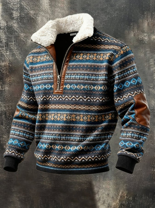 Men's Retro Color Block Print Casual Fur Collar Sweatshirt