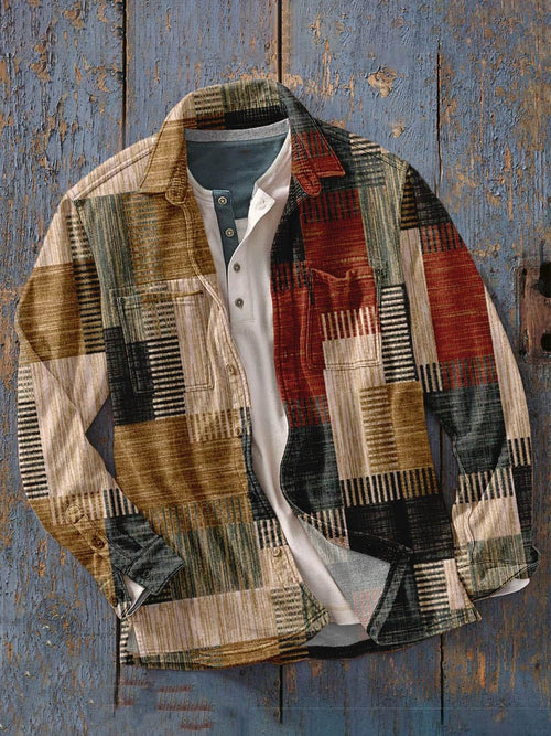 Men's Vintage Retro Art Print Casual Long Sleeve Shirt