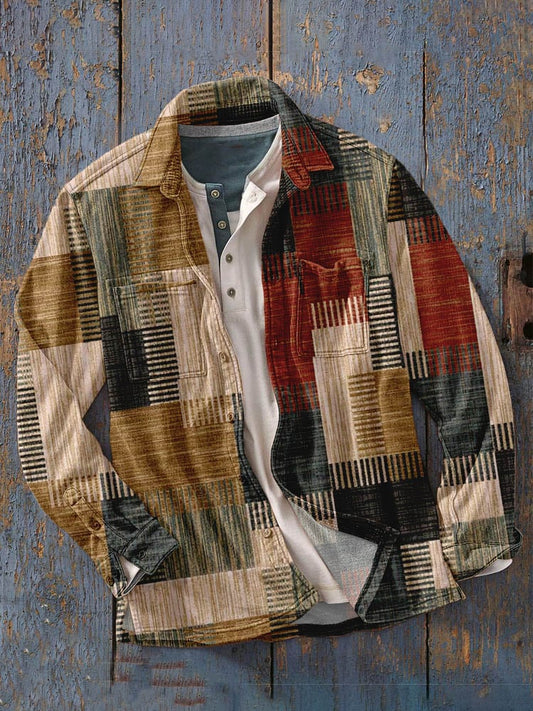 Men's Vintage Retro Art Print Casual Long Sleeve Shirt