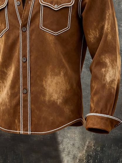 Men'S Vintage Distressed Color-Block Long-Sleeved Shirt
