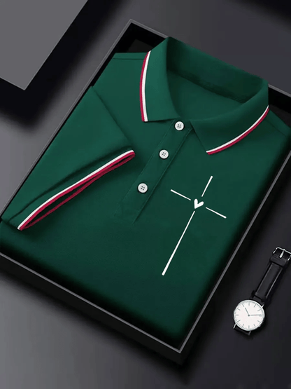 Men's Retro Faith Cross Print Polo Shirt