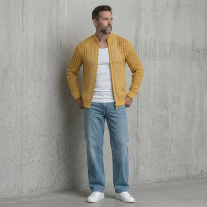 Men's Mustard Yellow Stand Collar Hollow Out Knitted Zip-Up Cardigan