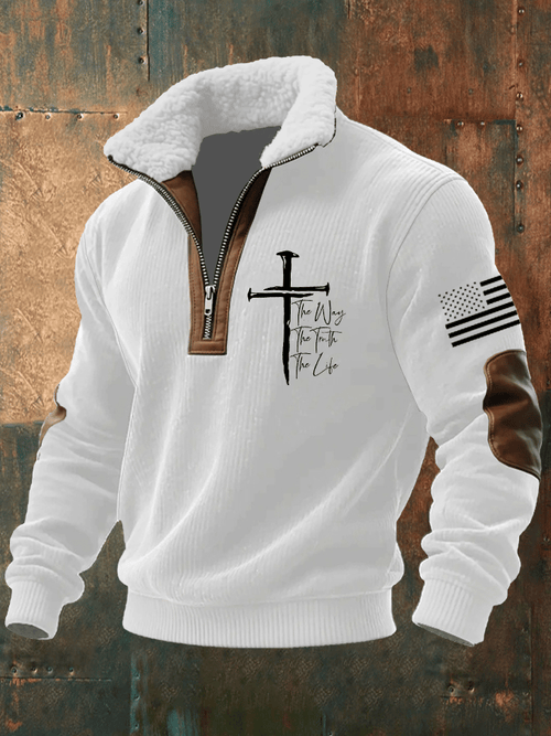 Men's Faith Print Knitted Fabric Zipper Fur Collar Long-Sleeved Sweatshirt