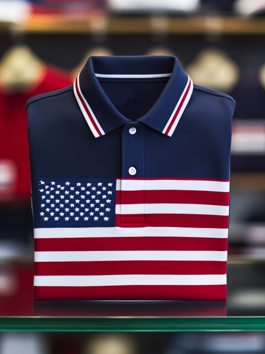 Men's Classic Business Independence Day Flag Short Sleeve Polo Shirt