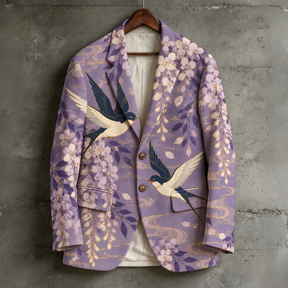Men's Vintage Japanese-style Floral And Swallow Print Casual Blazer