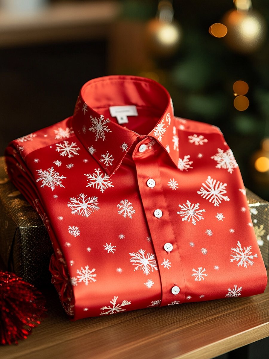 Men's Business Christmas Snowflake Print Long Sleeve Shirt