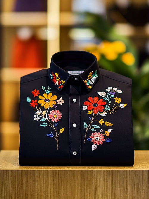 Men's Business Casual Floral Lapel Short Sleeve Shirt