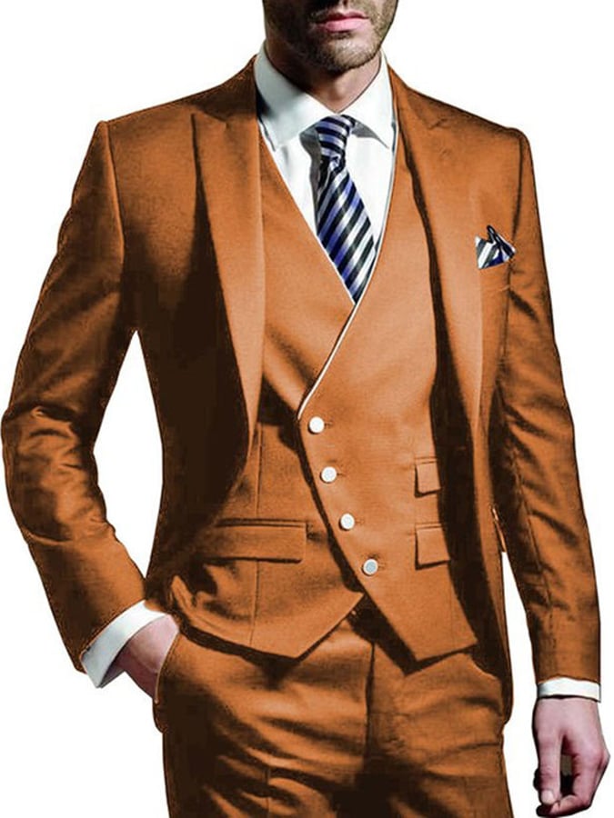 Men's Three-Piece Business Suit With One Button And Contrast Stitching