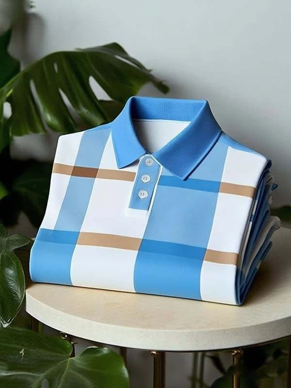Men's Classic Business Check Logo Button Short Sleeve Polo Shirt