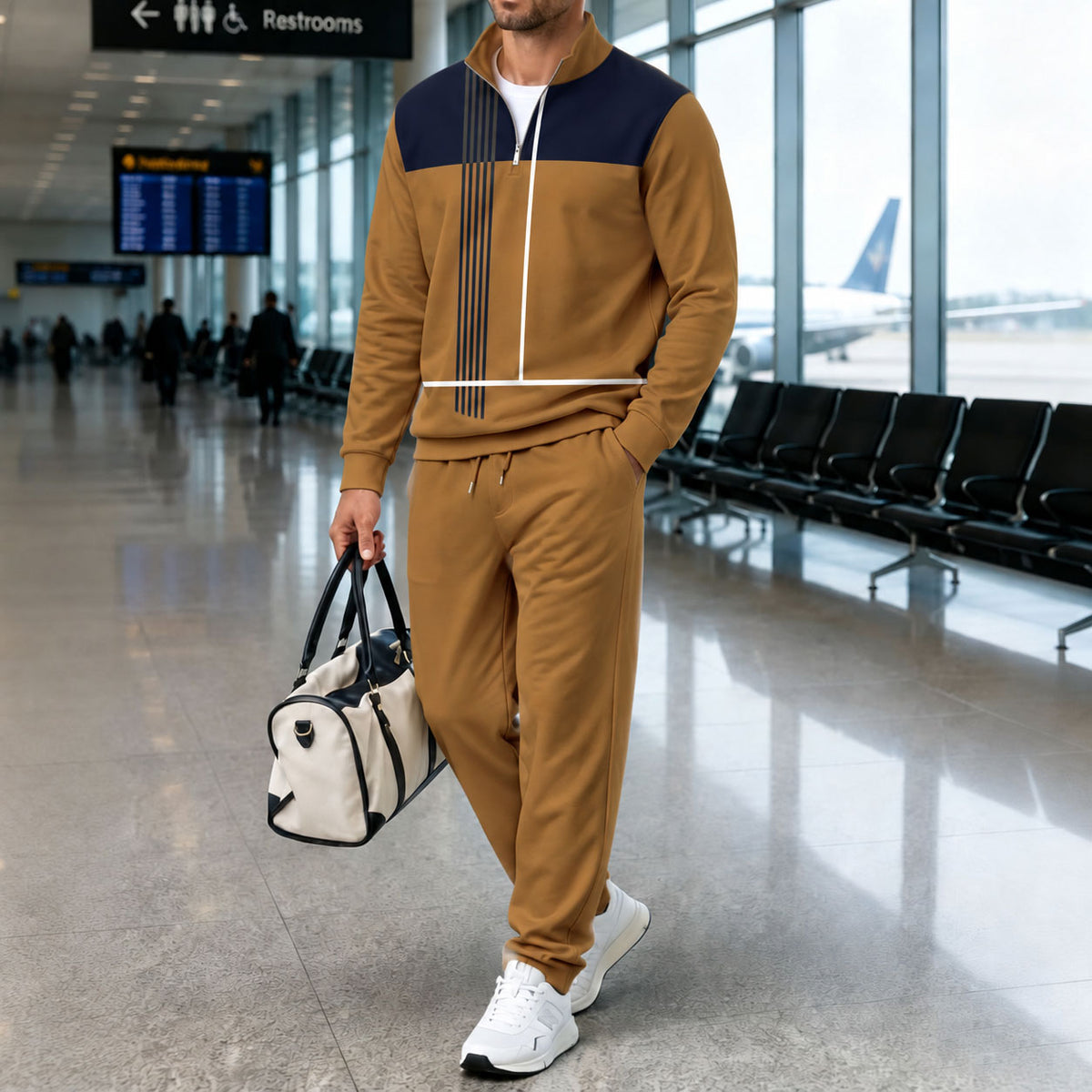 Men's Color-Blocked Stand-Up Collar Long-Sleeve Shirt and Pants Set