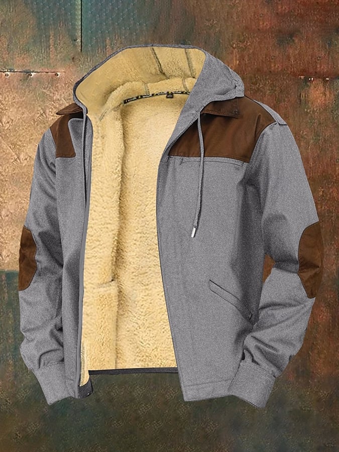 Men's Retro Multi-Pocket Hooded Drawstring Zipper Casual Plush Jacket