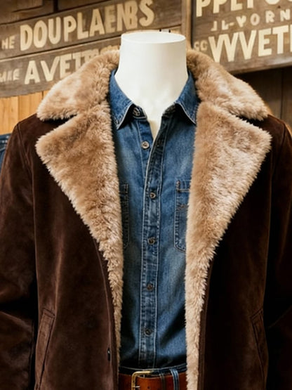Men's Vintage Suede Fur Collar Warm Mid-Length Jacket