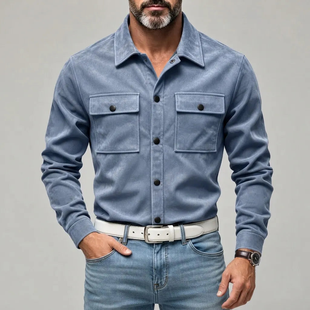 Men's Suede Solid Color Double Chest Pockets Snap Buttons Casual Long Sleeve Shirt