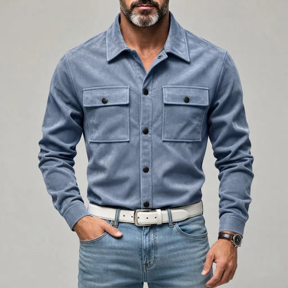 Men's Suede Solid Color Double Chest Pockets Snap Buttons Casual Long Sleeve Shirt