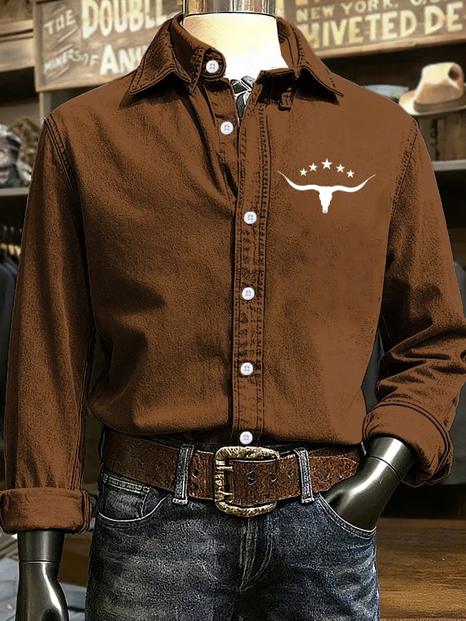 Men's Retro Western Cow Head Design Printed Long Sleeve Casual Shirt