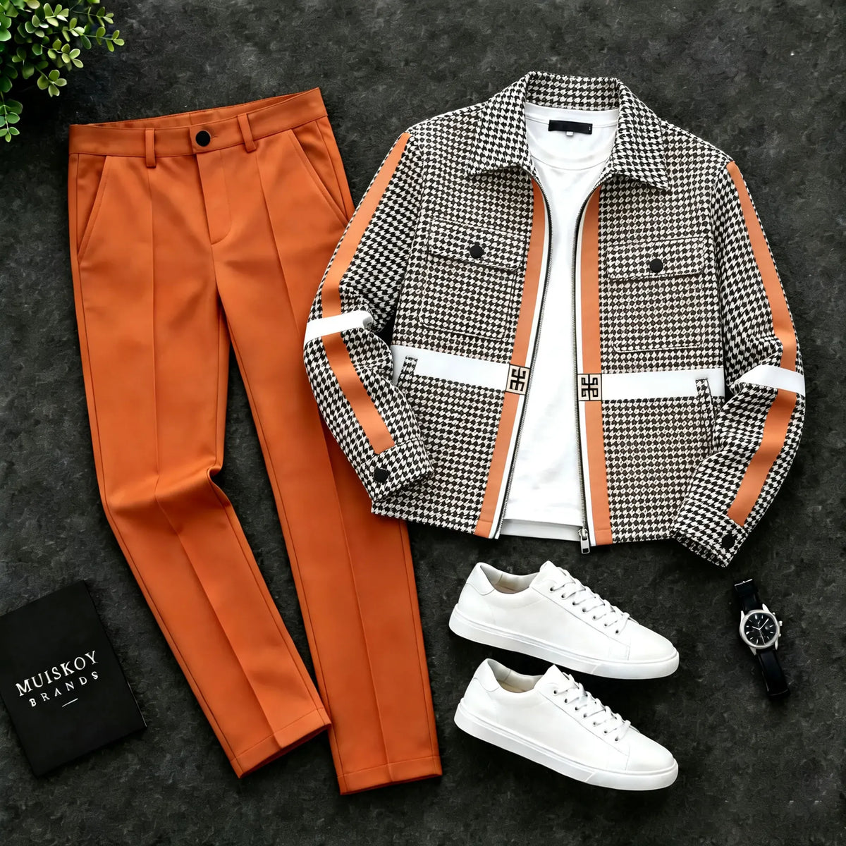 Men's Fine-Checked Two-Piece Set with Double-Pocket Jacket and Pants