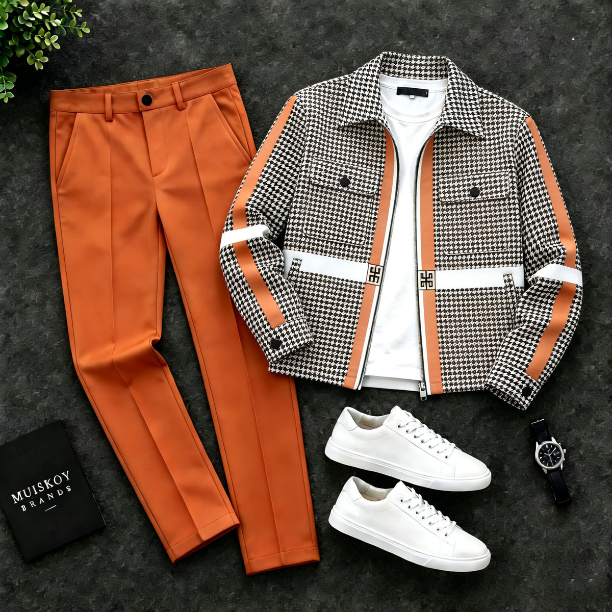 Men's Fine-Checked Two-Piece Set with Double-Pocket Jacket and Pants