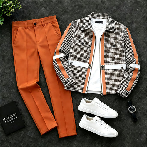 Men's Fine-Checked Two-Piece Set with Double-Pocket Jacket and Pants