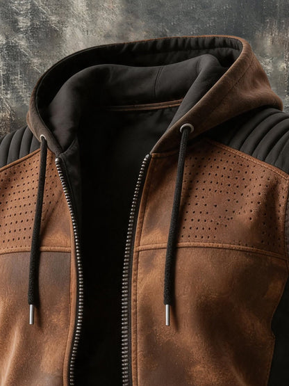 Men's Vintage-Style Distressed Leather-Panel Hooded Vest