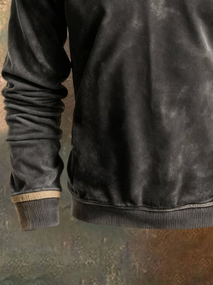 Men'S Retro Distressed Stitching Contrast Color Crew Neck Sweatshirt
