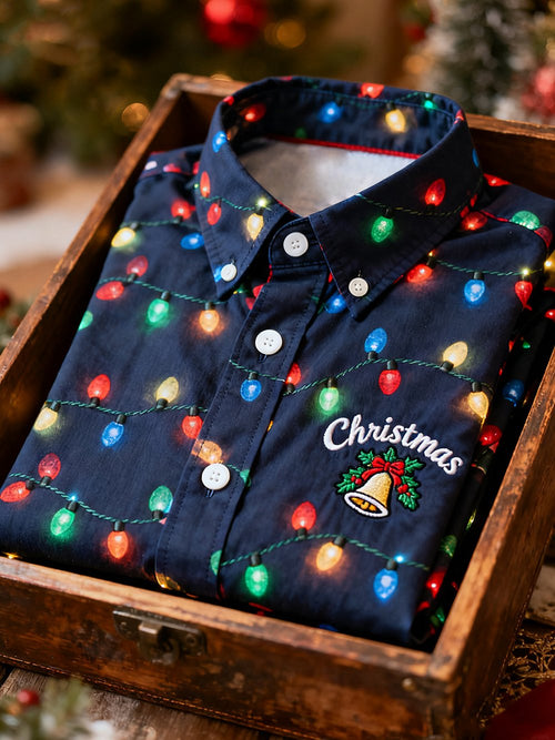 Men's Retro Christmas Lights Party Print Long-Sleeve Shirt