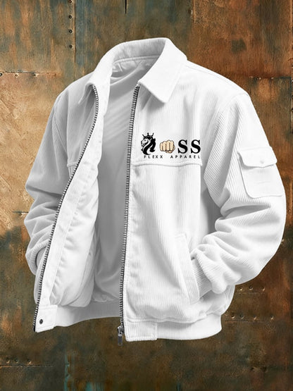 Men's Vintage Letter Design Printed Corduroy Casual Jacket