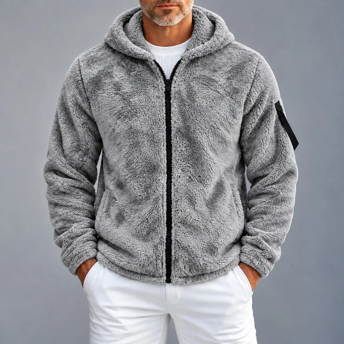 Men's Casual Solid Color Pockets Fluffy Hooded Zip-Up Jacket