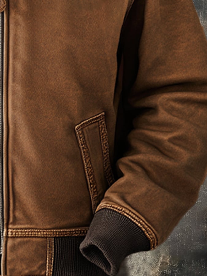 Men's Vintage Suede Patchwork Lamb Fleece Multi-Pocket Reverse Collar Outdoor Jacket Coat