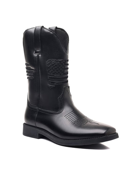 Men's Casual Retro American Flag Element High-Top Embroidered Retro Wide-Toe Western Cowboy Boots