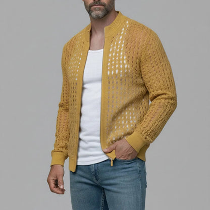 Men's Mustard Yellow Stand Collar Hollow Out Knitted Zip-Up Cardigan