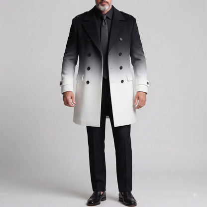 Men's Black And White Gradient Double Breasted Notch Lapel Woolen Trench Coat