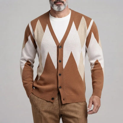 Men's Vintage Brown Argyle Pattern V Neck Button Up Long Sleeve Knit Cardigan