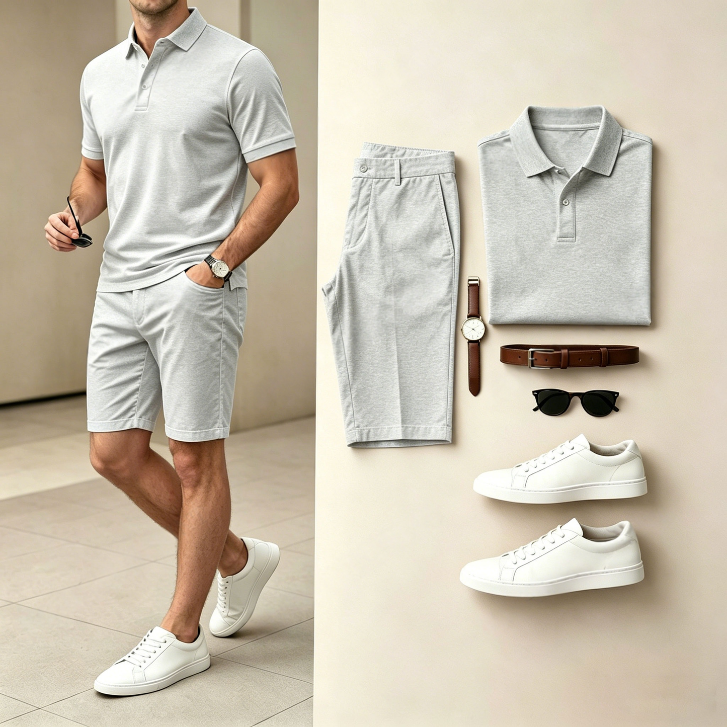 Men's Casual Solid Light Gray Polo Shirt And Shorts Two-Piece Set (Does Not Include Watch, Belt, Or Accessories)