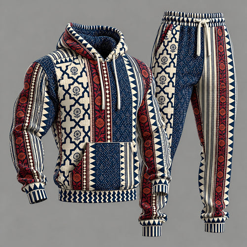 Men's Ethnic-Print Hooded Sweatshirt and Sweatpants Set