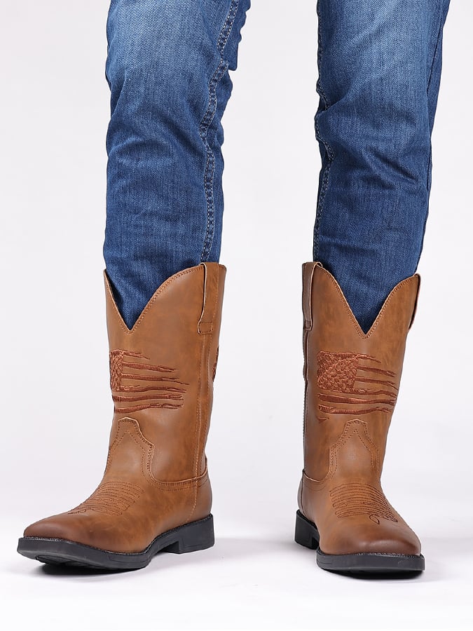 Men's Casual Retro American Flag Element High-Top Embroidered Retro Wide-Toe Western Cowboy Boots